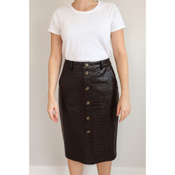Rachel Comey Faux Leather Croc Embossed Pencil Skirt Button Front Brown Size 4 - Picture 1 of 6